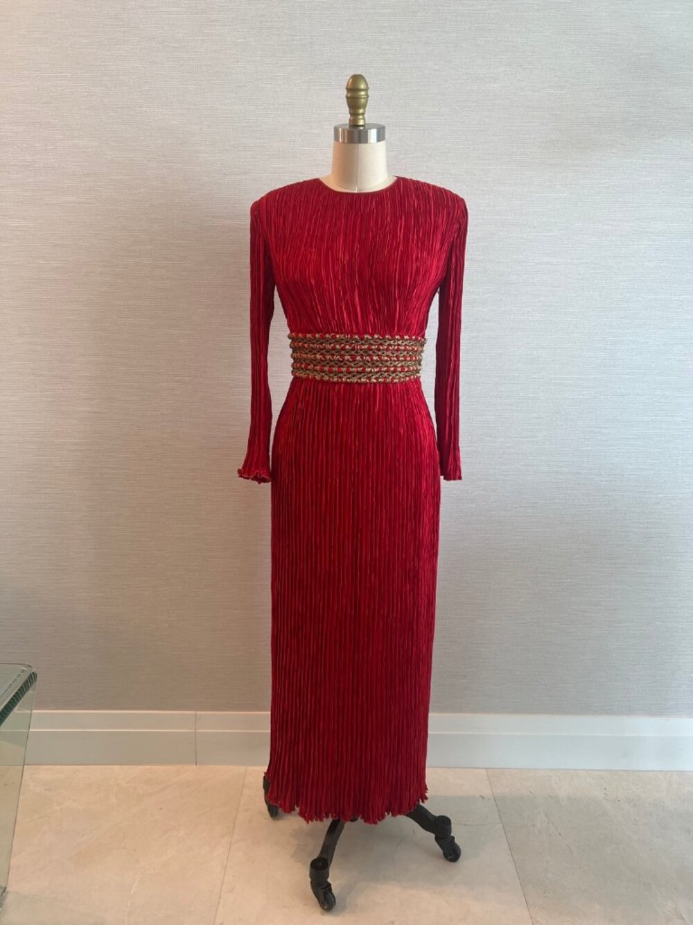 Mary McFadden Couture Red Pleated Gown Gold Woven Belt Vintage 6